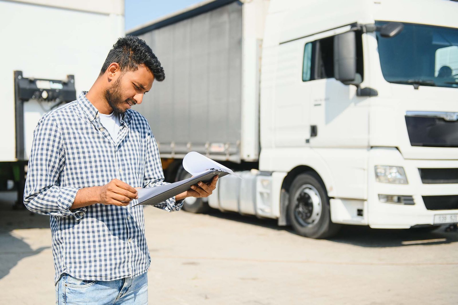 Man reviewing documents in front of white semi-truck.