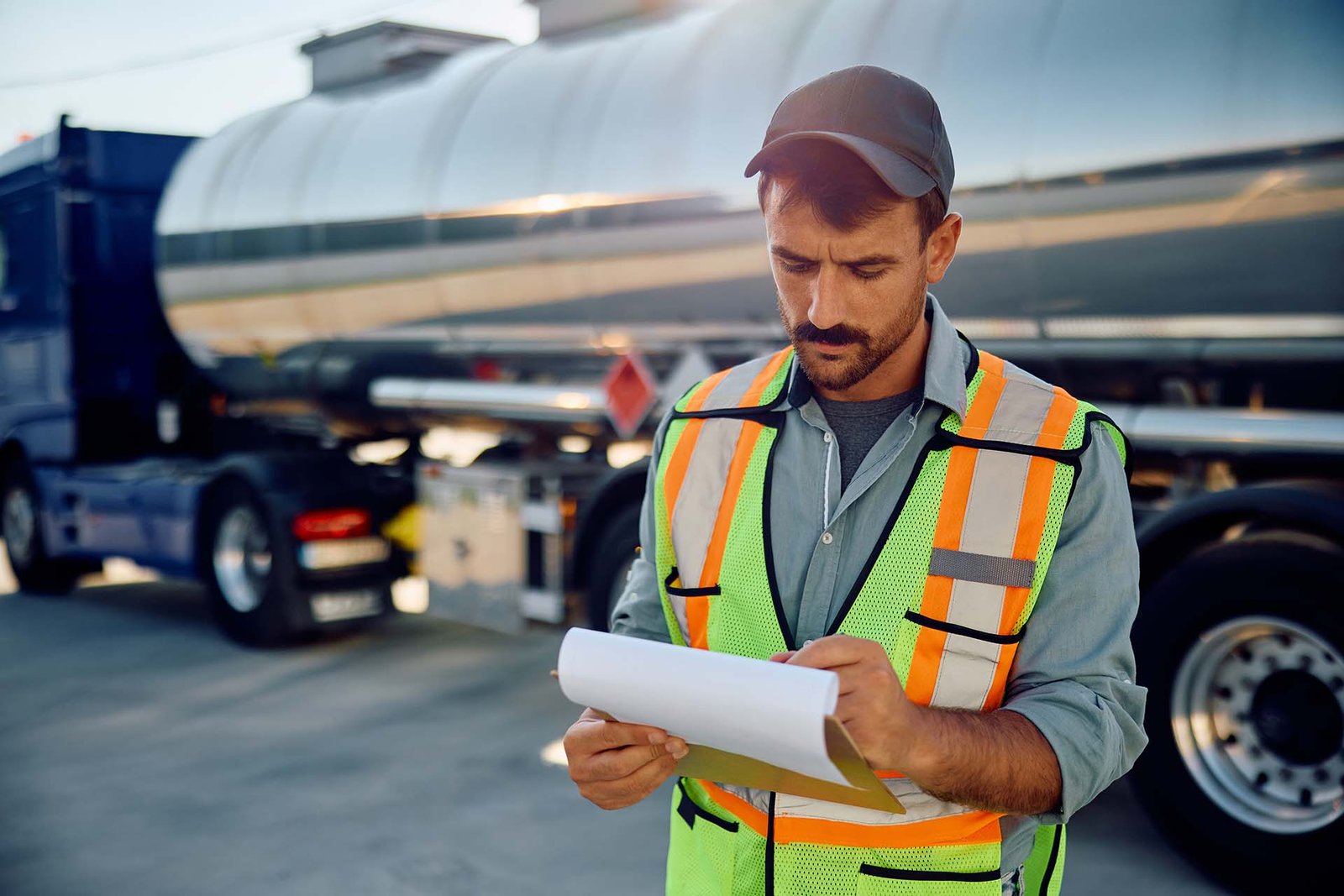 Truck inspector with clipboard by tanker truck.